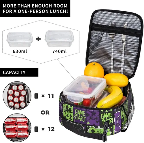 Vista 3 de Bolsa de almuerzo aislada con control de juegos morado y verde para adultos, mujeres y hombres, a prueba de fugas con asa de hebilla desmontable 8