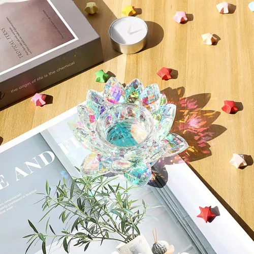 Vista 2 de OwnMy Portavelas de Luz de Té con Flor de Loto de Cristal, Portavelas Votivo de Pétalos de Loto, Lámpara de Velas, Soporte de Velas de Té de Flor