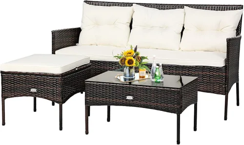 Vista 13 de Tangkula juego de sofá de esquina para patio de 3 piezas, juego de sofá de ratán para exteriores, incluye chaise lounge, sofá doble y mesa auxiliar