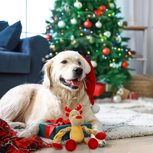 Vista 7 de Senneny Juguetes Navideños para Perros, Peluche de Reno Chirriante con Cuerdas para Tirar de la Cuerda, Juguetes de Masticar Interactivos Duraderos