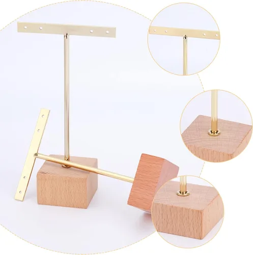 Vista 4 de FINGERINSPIRE Soporte de exhibición de aretes de barra en T de metal dorado con base cuadrada de madera 4 agujeros organizador de aretes colgantes