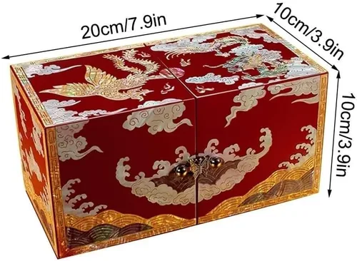 Vista 5 de Joyero de madera retro vintage con espejo, organizador de almacenamiento de 2 capas con cerradura de llave, regalo ideal para niñas, mujeres y día