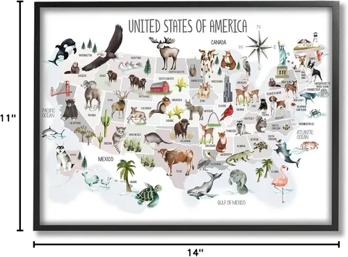 Vista 10 de Estados Unidos de América Mapa de Animales Kid's' Arte Giclée enmarcado Blanco costero (Texturado)