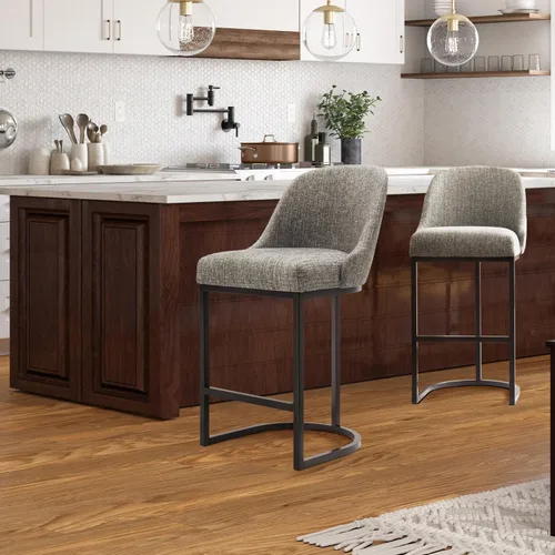 Vista 146 de Leick Home 214536 Barrelback Silla de comedor con base de metal, juego de 2, para comedor, asiento moderno de lino negro y base de metal dorado
