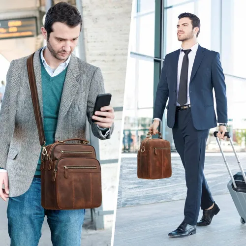 Vista 7 de Jack&Chris Bolso de hombro de cuero para hombre, bolsas cruzadas pequeñas para el trabajo, bolso de mano para hombre, Marrón