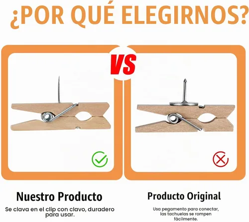 Vista 2 de 50 piezas de chinchetas con clips de madera, chinchetas de madera duraderas, chinchetas decorativas, tachuelas para tablero de corcho, obras
