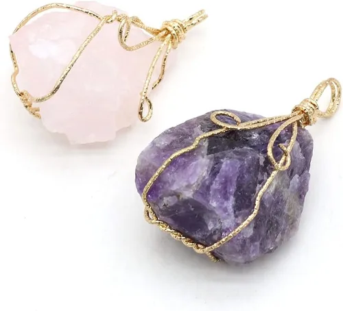 Vista 3 de LHJ 6 colgantes de cristal natural crudo irregular, piedra de energía curativa de Reiki, envueltos en cobre para hacer joyas, collares, meditación