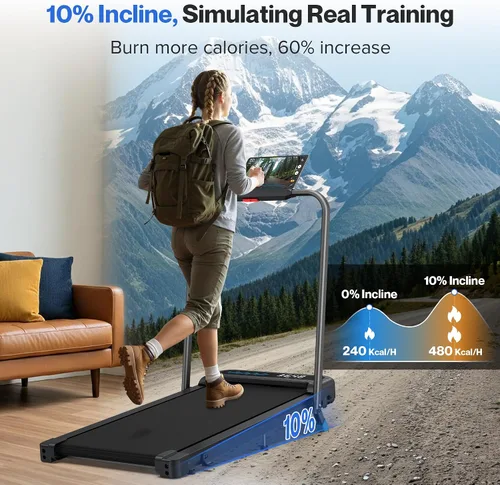 Vista 2 de Cardirun Almohadilla para caminar con 10% de inclinación, 4 en 1 plegable caminadora con barra de mango para espacios pequeños en el hogar, 3.0 HP