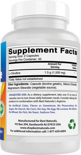 Vista 6 de Best Naturals Cápsulas de L-citrulina – 1500 mg/porción – Sin OMG – Sin gluten – 90 cápsulas (90 unidades (paquete de 1))