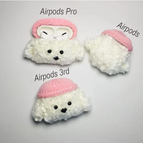 Vista 6 de Lindo estuche de felpa suave hecho a mano de piel blanca esponjosa para perros y perritos de peluche para Airpods2 Airpod de dibujos animados