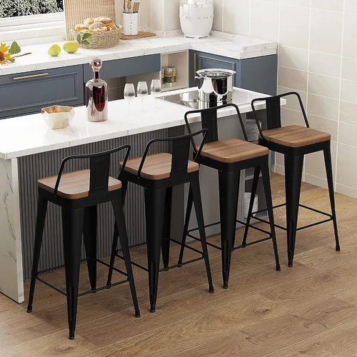 Vista 3 de WENTMENT Juego de 4 taburetes de bar de metal con respaldo extraíble de 24 pulgadas con asiento de madera, color negro
