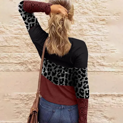 Vista 4 de Tops de moda para mujer, con estampado de leopardo, de encaje, manga larga, informal, con botones
