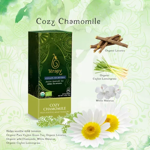 Vista 3 de Térapy Té de Manzanilla de Ceilán Bolsas de té de hierbas orgánicas USDA Ingredientes ayurvédicos 100% naturales incluyendo manzanilla orgánica
