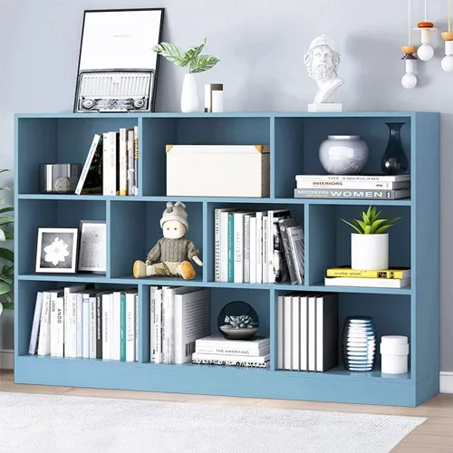 Vista 26 de IOTXY - Estantería de madera con espacios abiertos, 3 niveles, con patas, 5 cubos, color azul brillante Nordic Minimalist Style, MDF