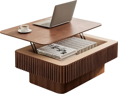 Vista 15 de Mesa de centro redonda de 39.4 pulgadas con almacenamiento oculto, mesa de centro de tambor de madera maciza con diseño artesanal Releifs, moderna
