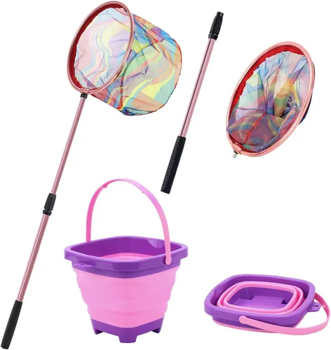 Vista 8 de Red de pesca para niños, red de aterrizaje telescópica con mango de poste de aluminio, cubo de arena plegable, red de mariposa para jugar al aire