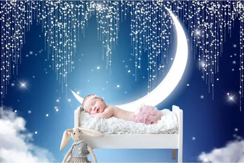 Vista 3 de Renaiss Twinkle Twinkle - Telón de fondo de estrella pequeña para sesión de fotos, 5 x 4 pies, media luna brillante, cielo nocturno, fondo