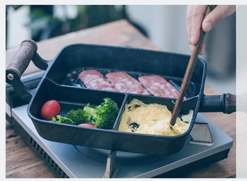Vista 6 de CapriTech Sartén de hierro fundido con 3 secciones para desayuno, sartén con 2 asas de asistencia para estufa de gas y cocina de inducción