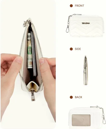 Vista 7 de Telena Cartera delgada para mujer, con bloqueo RFID, tarjetero de cuero con llavero plateado, color beige