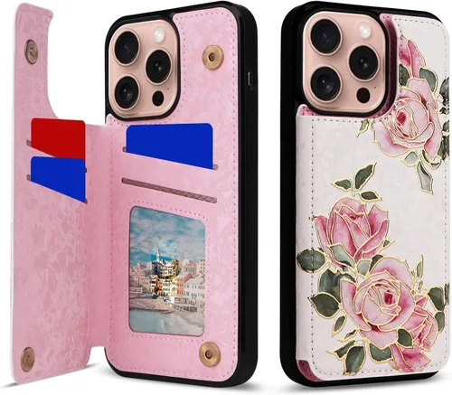 Vista 51 de UEEBAI Funda tipo cartera para iPhone 13 con tarjeteros, piel sintética, diseño floral, función atril, bloqueo RFID, doble cierre magnético, funda