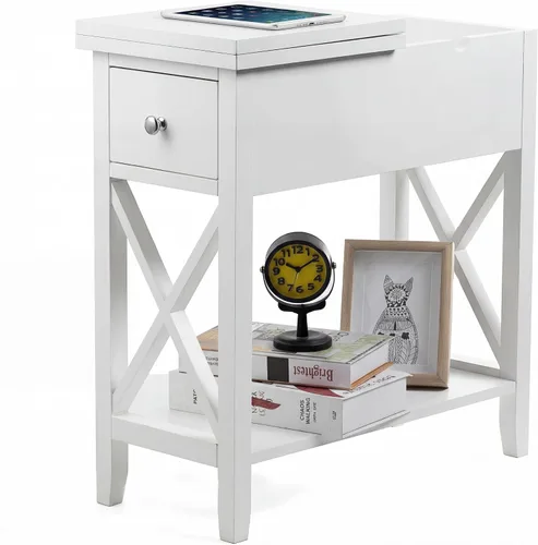 Vista 17 de ChooChoo Mesa auxiliar, mesa auxiliar estrecha abatible con estación de carga Narrow Side Table with USB Ports and Outlets, Nightstand with