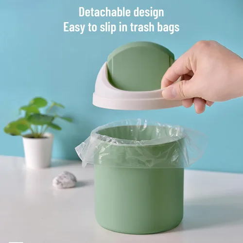 Vista 4 de Mini Cubo de Basura de Escritorio con Tapa Abatible, Elegante Papelera de Mesa con Lunares de Encaje, Cesta de Papel de Desperdicio Redonda, Pequeño