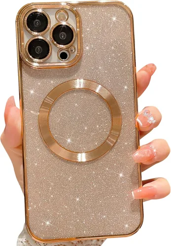 Vista 11 de Compatible con iPhone 13 Pro Max Funda magnética con purpurina, bonita funda transparente chapada de lujo, compatible con MagSafe para mujeres