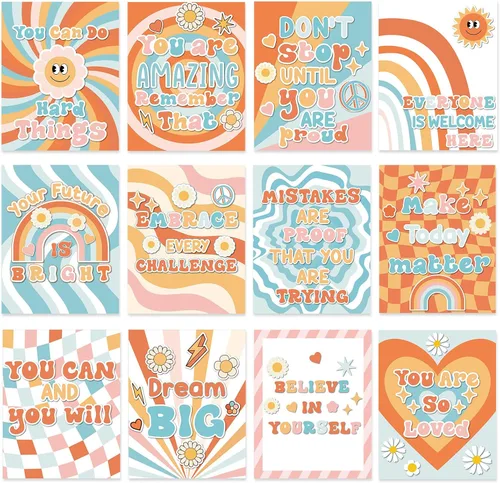 Vista 8 de Nezyo 12 pósteres retro Groovy para aula, diseño de flores hippie bohemias, decoración de tablón de anuncios, póster educativo para guardería