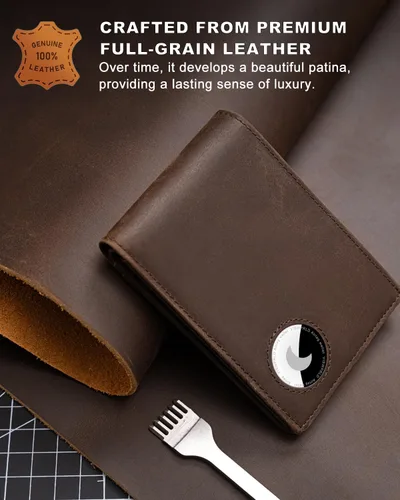 Vista 11 de Billetera AirTag para hombre, de piel auténtica plegable con bloqueo Rfid AirTag con ranuras para efectivo y ventana de identificación, compatible