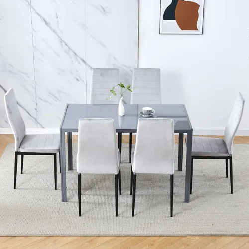 Vista 2 de Juego de 6 mesas de comedor y sillas negras modernas de 7 piezas para cocina pequeña, mesa rectangular de vidrio templado y 6 sillas de terciopelo