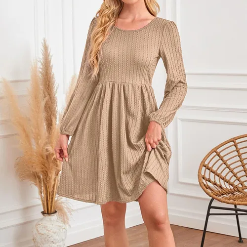 Vista 2 de Zaswen Vestido casual de punto para mujer, cuello redondo, manga larga, acampanado, vestidos de color sólido con bolsillos para primavera y otoño
