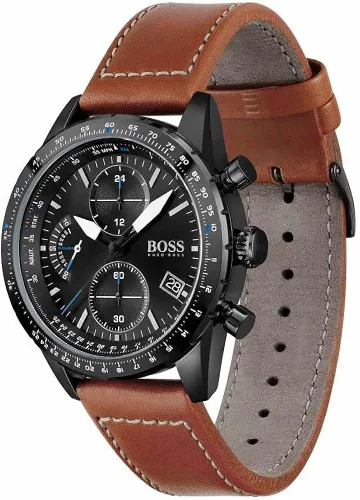 Vista 2 de BOSS Reloj de cuarzo de acero inoxidable con correa de cuero, marrón, 22 (modelo 1513851), Marrón, Reloj de cuarzo, cronógrafo