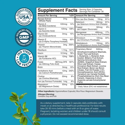 Vista 3 de Suplemento cerebral nootrópico para apoyo de memoria y enfoque, vitaminas para apoyo mental y claridad con Bacopa Monnieri, VIT A, B6, riboflavina