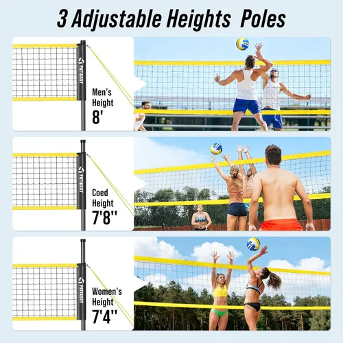 Vista 3 de Portable Volleyball Net Set for Backyard & Beach, Adjustable Width (32/26/20FT) & Height, Anti-Sag Tension Design, Metal Stakes for Outdoor