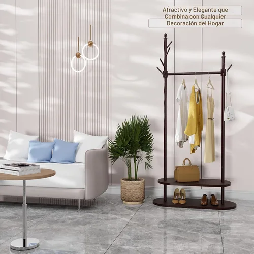 Vista 2 de Perchero de dos niveles independiente, fácil de montar, 8 ganchos, perchero de madera con almacenamiento para zapatos, árbol de abrigo resistente