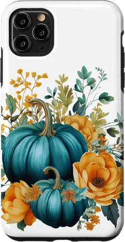 Vista 13 de iPhone 16 Teal Autumn Pumpkin Floral Fall Harvest Foliage Case
