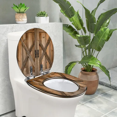 Vista 2 de Round Toilet Seat Rustic Wooden Barn Doors Natural Brown Wood Symmetrical Resin Toilet Seat with Quietly Close Quick Release Hinges Replacement