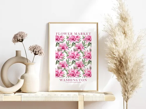 Vista 5 de ColorAndFlair Washington State Flower Market Rhododendron Poster Pink Green Wildflower Floral Wall Art Botanical Print Travel Gift (12x16 inches)