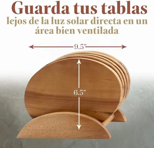 Vista 5 de Woodard & Charles 6 tablas de servir de madera de acacia con soporte, perfectas para servir, sushi, queso, aperitivos de obra, embutidos Marrón