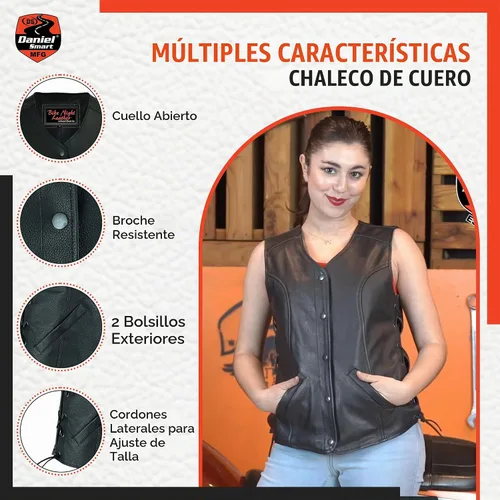 Vista 7 de Daniel Smart Motorcycle Vest for Women Open Neck Leather Vest with Unique Design and Inside Carry Pockets