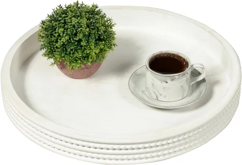 Vista 8 de Carah & Cossh Bandeja redonda de madera para servir, bandeja de madera decorativa negra, bandeja decorativa moderna redonda de 16 pulgadas, perfecta