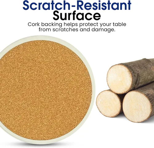 Vista 4 de Abosrbent - Juego de 6 posavasos redondos de grano de madera rústica marrón con soporte de metal para bebidas, café, parte trasera de corcho