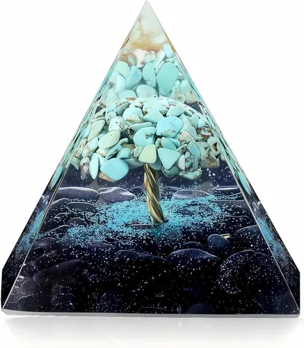 Vista 13 de Pirámide de orgón del árbol de la vida para energía positiva, peridoto de orgonita y cristal curativo de obsidiana para reducir el estrés