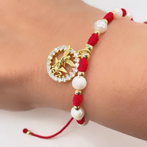 Vista 7 de Medalla colgante de arcángel de San Miguel en cordón ajustable de marfil y perlas de agua dulce pulsera ajustable