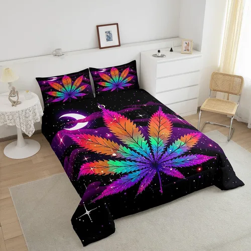 Vista 2 de Erosebridal Juego de edredón de hojas de cannabis, juego de ropa de cama de marihuana con estampado colorido de plantas, decoración bohemia de 2