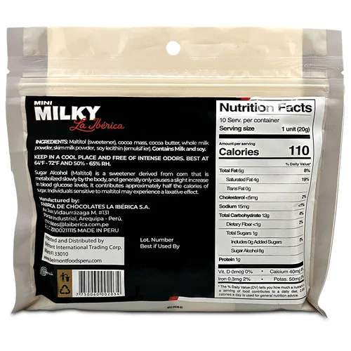 Vista 2 de La Iberica Milky 10 Mini Barras de Chocolate Peruano Sin Azúcar 10 Mini Barras de Chocolates Peruanos 40% Cacao de Perú sin Azúcar Añadido