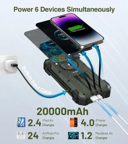 Vista 5 de Sudrov Banco de energía solar de 20,000 mAh, 15 W con cables integrados, cargador portátil, regalos para hombres, él marido, paquete de batería