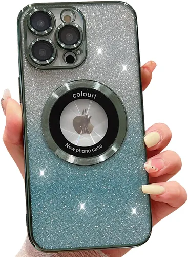Vista 16 de Funda magnética con purpurina para iPhone 13 Pro Max, compatible con MagSafe con protector de cámara, logotipo suave, de lujo, linda, para mujeres