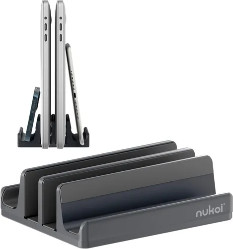 Vista 9 de Soporte vertical para laptop SPACEMax Soporte de escritorio de aluminio con 4 ranuras de silicona con 4 ranuras, soporte de doble muelle, 2 ranuras