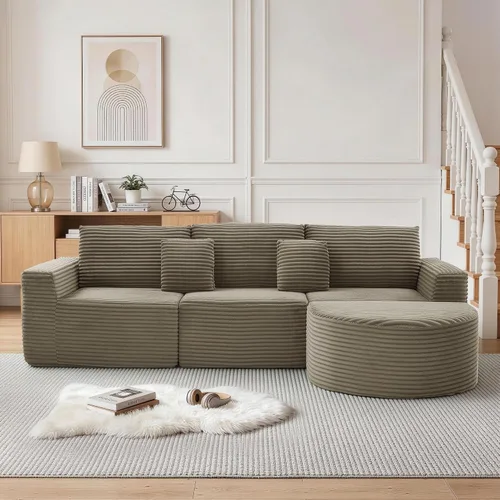 Vista 12 de Korser Sofá modular en forma de L de 110 pulgadas con diván, sofá modular de pana esponjosa con asiento profundo y bolsillos laterales, cómodos Beige